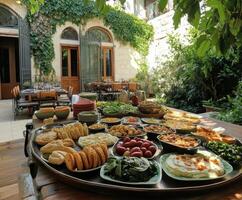 Vibrant spread of traditional dishes served in a scenic garden setting during a festive gathering photo