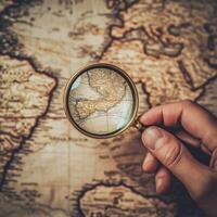 Exploring historical maps with a magnifying glass highlighting locations of interest in Central America photo