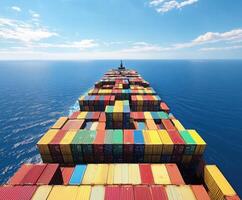 Colorful shipping containers are stacked on a cargo ship navigating through open waters under a clear blue sky photo