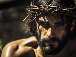 Depiction of a man with a crown of thorns reflecting deep emotion in a natural setting photo