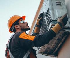 Technician installs air conditioning unit on exterior wall during daytime in residential area photo