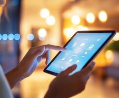 Person using a tablet to navigate applications in a brightly lit indoor space during the evening photo