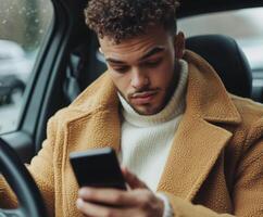 Man in cozy sweater and jacket checks phone while sitting in car during a rainy day photo