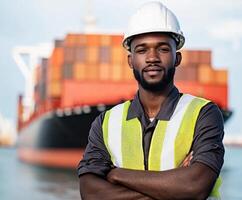 Skilled worker in safety gear poses confidently near large cargo ship at bustling port photo