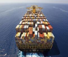 Large container ship navigating the open ocean with colorful cargo in broad daylight photo