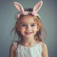 Young child wearing bunny ears and a floral crown smiles joyfully in a soft, neutral setting during spring celebration photo