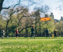 Frisbee flying over a green field with people enjoying a sunny day in the park photo