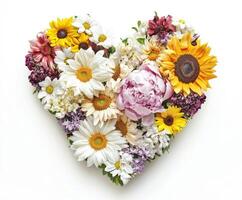 Colorful heart shape created with various fresh flowers arranged artistically on a clean surface photo