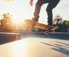 Skateboarder performs trick at sunset in urban skate park setting during summer evening photo