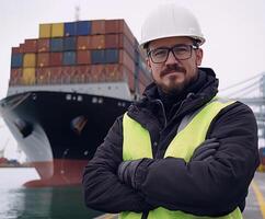 Professional worker overseeing container ship operations at port during cloudy weather photo