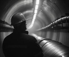 Worker inspects a dimly lit tunnel with industrial pipes during a routine maintenance check photo