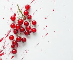 Fresh red currants arranged artistically on a white background with splashes of red paint creating a vibrant contrast photo