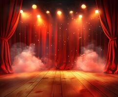 Stage with red curtains and spotlight beams creates a dramatic atmosphere for performances photo