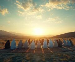 Group of people observing sunset together in serene mountainous landscape near a river during twilight photo