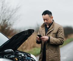 Man checking phone while standing next to broken down car on a rainy day photo