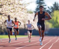 Runners compete in a track race surrounded by blooming trees on a sunny day photo