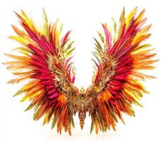 Vibrant feathered wings display in fiery colors representing freedom and creativity at a festive event photo