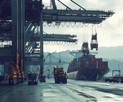Container ship unloading at a bustling port with cranes and trucks during overcast weather photo
