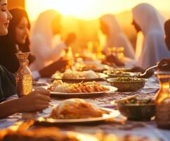 Sunset dining experience with traditional dishes shared among friends in a natural setting photo