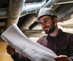Construction worker analyzing building plans in a basement with modern ventilation system photo