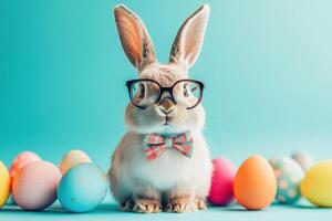 Cute rabbit with glasses and bowtie among colorful Easter eggs on a bright blue background photo