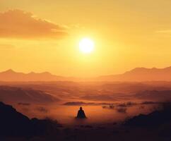 Meditation at sunset in a serene desert landscape with mountains in the background photo