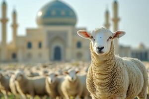 Sheep grazing peacefully near an ornate mosque during a sunny day in an open field photo