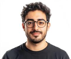 Young man with glasses smiles warmly against a white background showcasing confidence and approachability photo