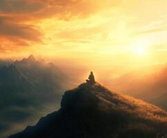 Serene meditation at sunrise on a mountain peak with stunning views and a glowing horizon in the background photo