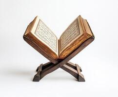 Beautifully crafted wooden bookstand holding an open ancient text with Arabic script, showcasing rich history and craftsmanship photo