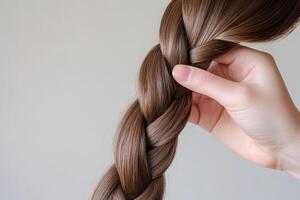 Hand creating a beautiful braid with long, smooth brown hair in a bright indoor setting photo