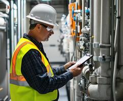 Worker in safety gear monitoring equipment and checking readings in an industrial facility at night photo
