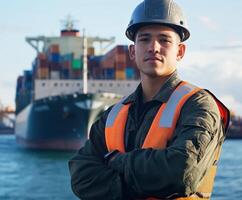 Young worker in safety gear stands confidently near large cargo ship at bustling port in clear weather photo