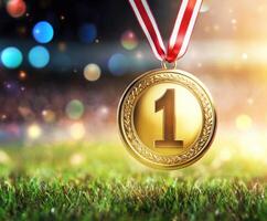 Gold medal awarded for first place in a sports competition on a vibrant field with colorful lights in the background photo