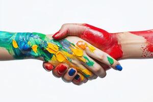 Colorful hands shake in creative collaboration reflecting unity and artistic expression photo