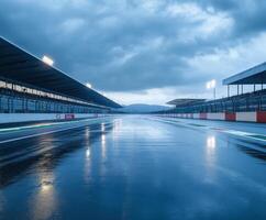 Rain-soaked racetrack illuminated by stadium lights during cloudy evening before a major motorsport event photo