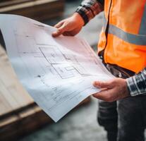 Construction worker reviewing architectural plans at a building site during the day photo