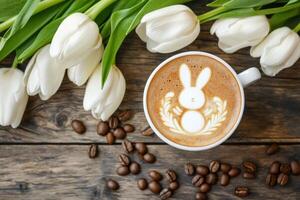 Beautifully crafted latte art featuring a bunny surrounded by fresh coffee beans and tulips on rustic wood photo