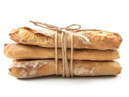 Freshly baked bread loaves tied with string on a clean white background photo