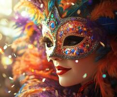 Vibrant masquerade mask adorned with colorful feathers and sequins during a festive celebration photo