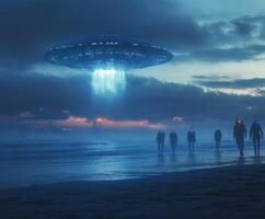Mysterious figures approach a hovering spacecraft on a foggy beach at twilight photo