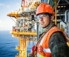 Construction worker at an offshore oil rig prepares for operations in clear skies and calm waters photo