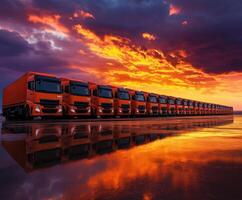 Trucks lined up at sunset reflecting vibrant colors on wet ground photo