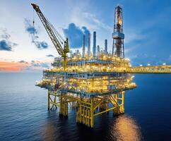 Offshore oil rig shines during twilight as operations continue in a vast ocean photo