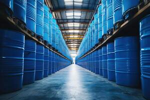 Rows of blue barrels organized in a storage facility under a high ceiling with bright lighting photo