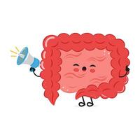 Smiling Intestine character holding a megaphone on white background. vector