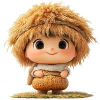 Cute character with straw-like hair in a playful posture in a whimsical, rural setting on a sunny day isolated on transparent background png