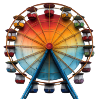 Colorful ferris wheel decorated with vibrant hues and empty gondolas at an amusement park during midday isolated on transparent background png
