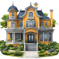 Beautiful yellow mansion with ornate architecture surrounded by lush greenery and colorful flowers in a serene setting isolated on transparent background png