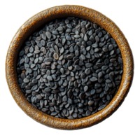 Black sesame seeds in a rustic bowl, showcasing their unique texture and color isolated on transparent background png